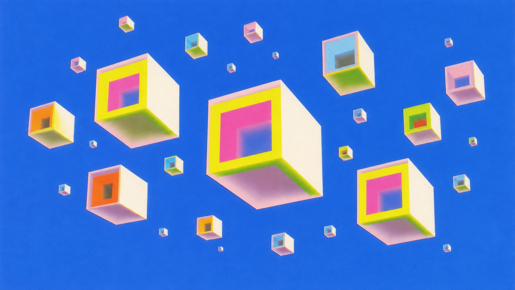 A family of floating geometric forms sharing a visual language